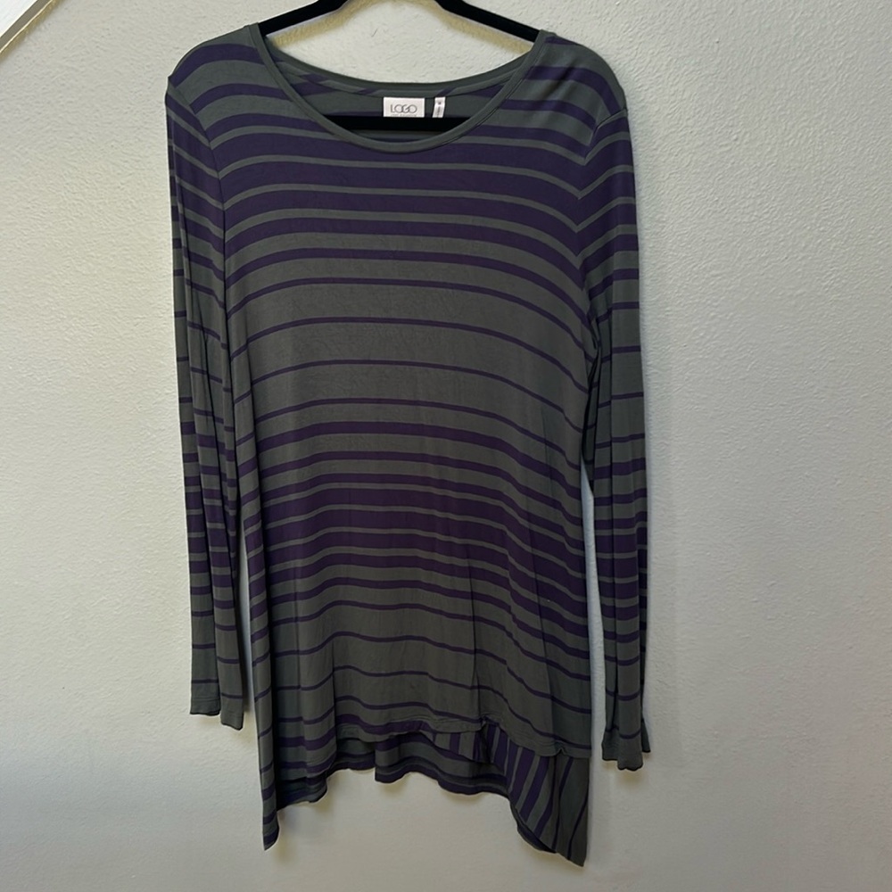 LOGO Lori Goldstein Green Blue Striped Long Sleeve Crew Neck Tunic Top sz medium